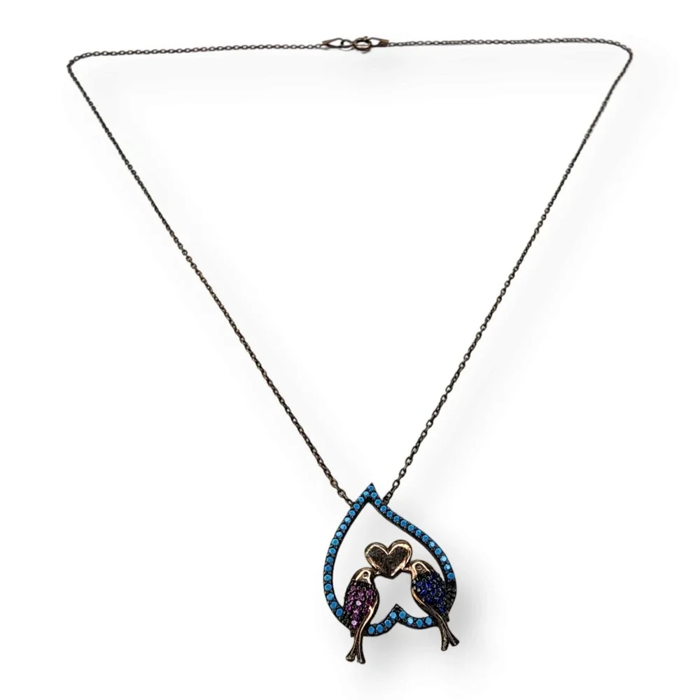 Adorable Lovebirds Necklace Sterling Silver 925 Goldwash Ruby Spinel Turquoise